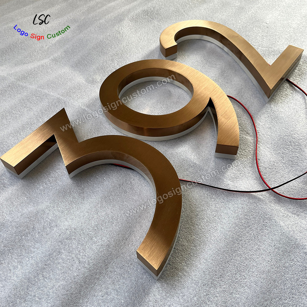 Personalized Gold Electroplating Stainless Steel House Numbers 3D LED Address Signs for Garage Wall Sign
