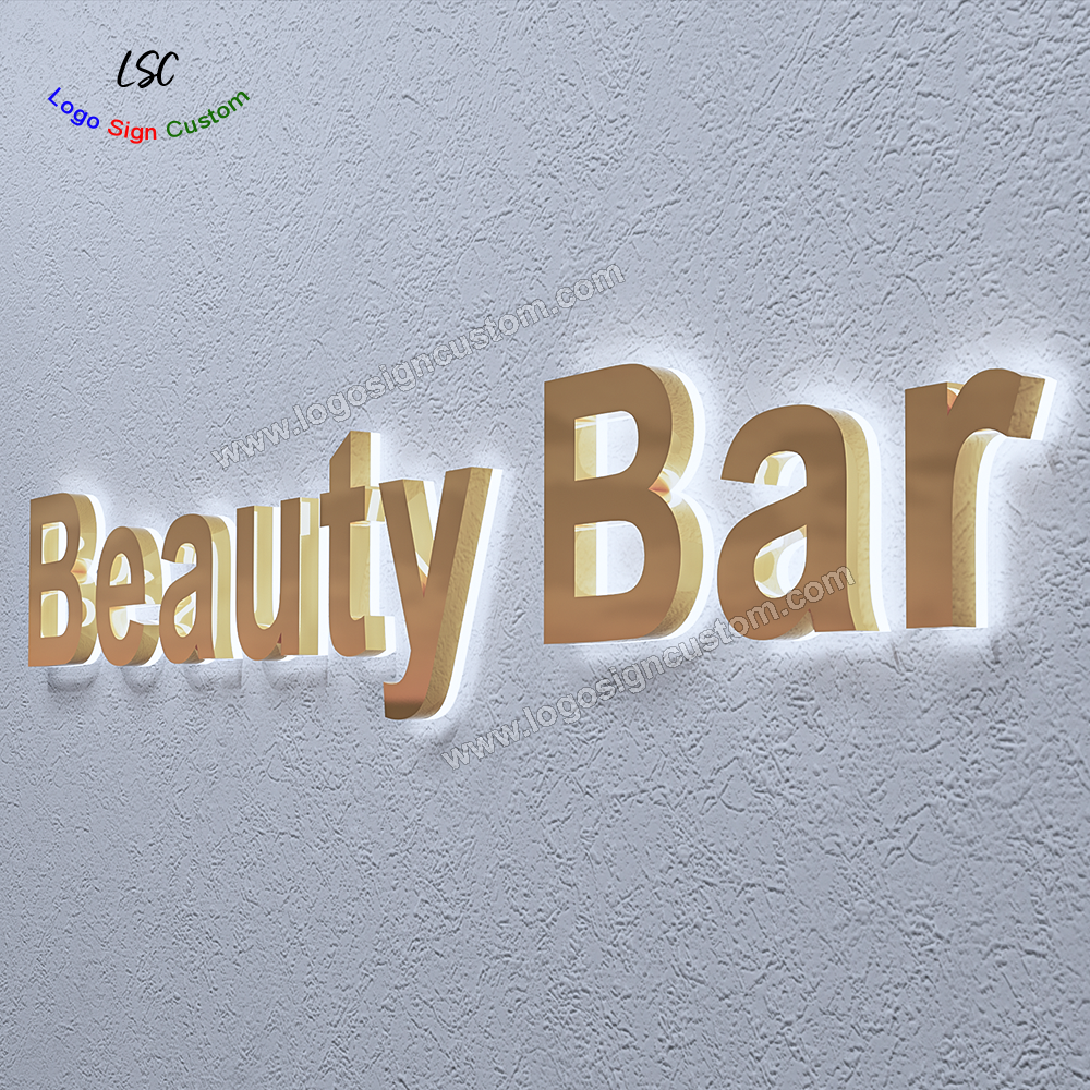 Custom 3D Shop Sign Gold Plating Metal LED Halo Lit Backlit Beauty Signs