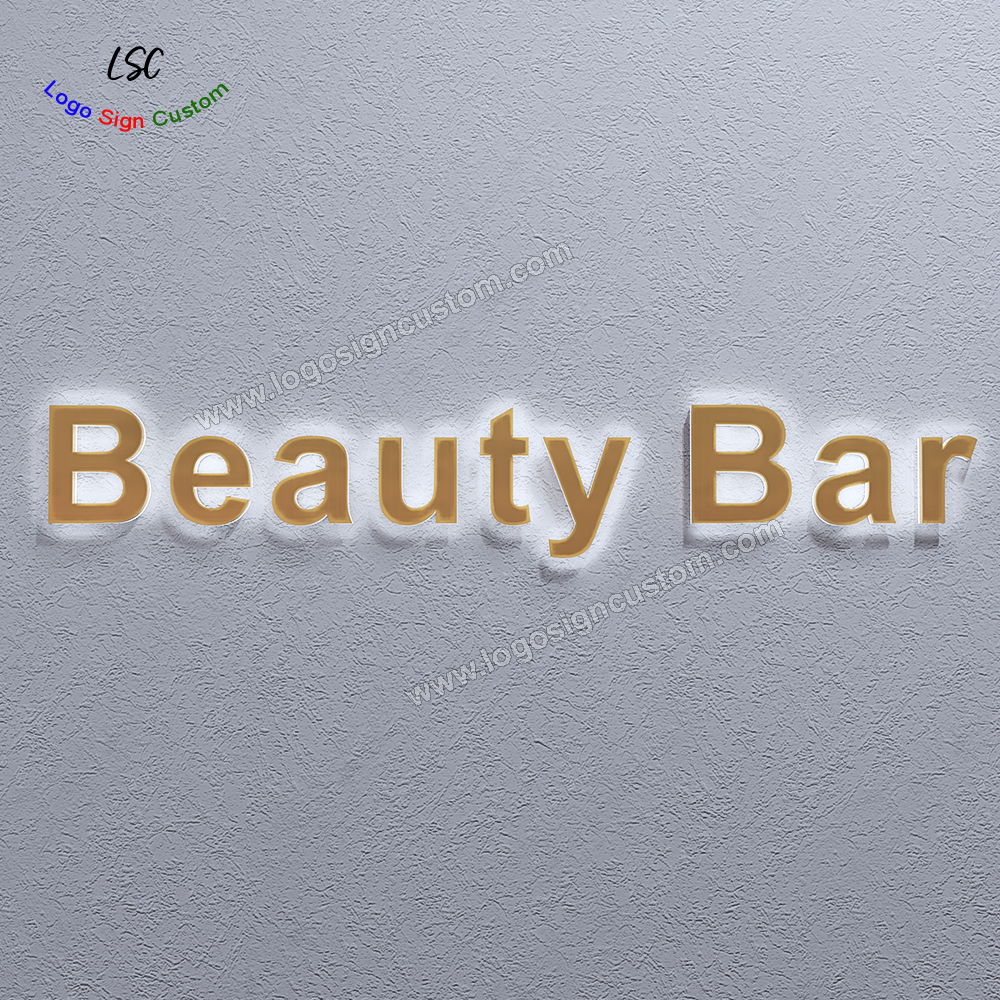 Custom 3D Shop Sign Gold Plating Metal LED Halo Lit Backlit Beauty Signs