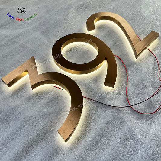 Personalized Gold Electroplating Stainless Steel House Numbers 3D LED Address Signs for Garage Wall Sign