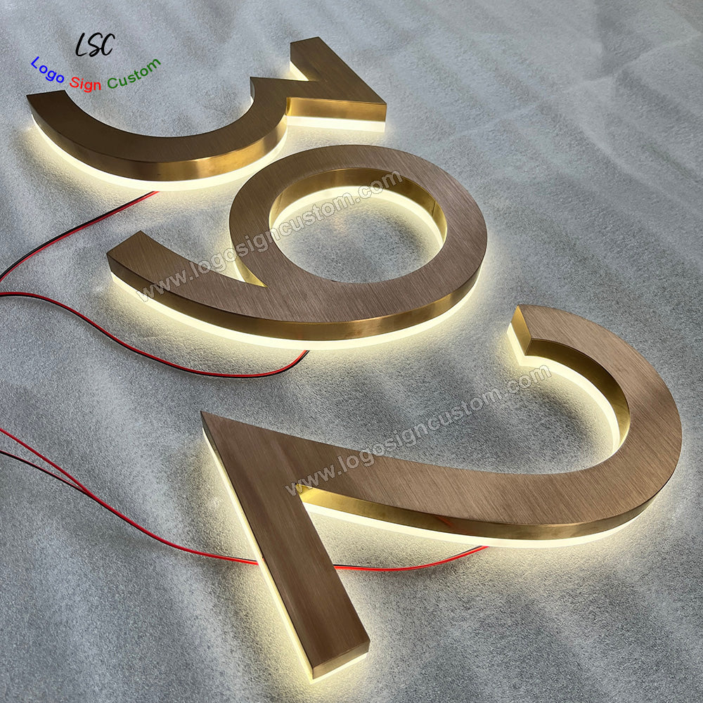 Personalized Gold Electroplating Stainless Steel House Numbers 3D LED Address Signs for Garage Wall Sign