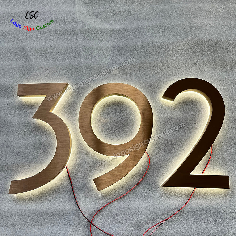 Personalized Gold Electroplating Stainless Steel House Numbers 3D LED Address Signs for Garage Wall Sign